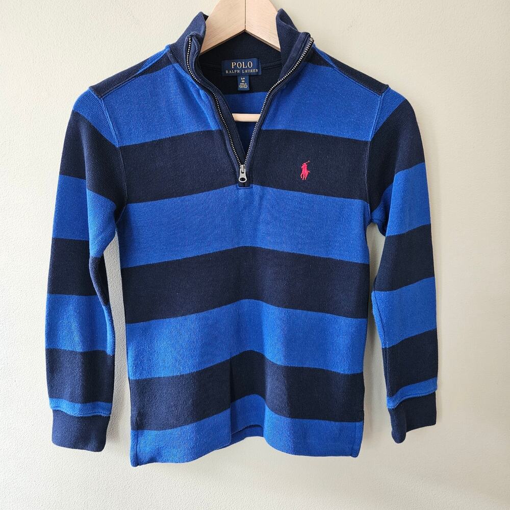 Polo Ralph Lauren Boy's Striped Quarter Zip Small (8) Blue Pony Preppy Sweater